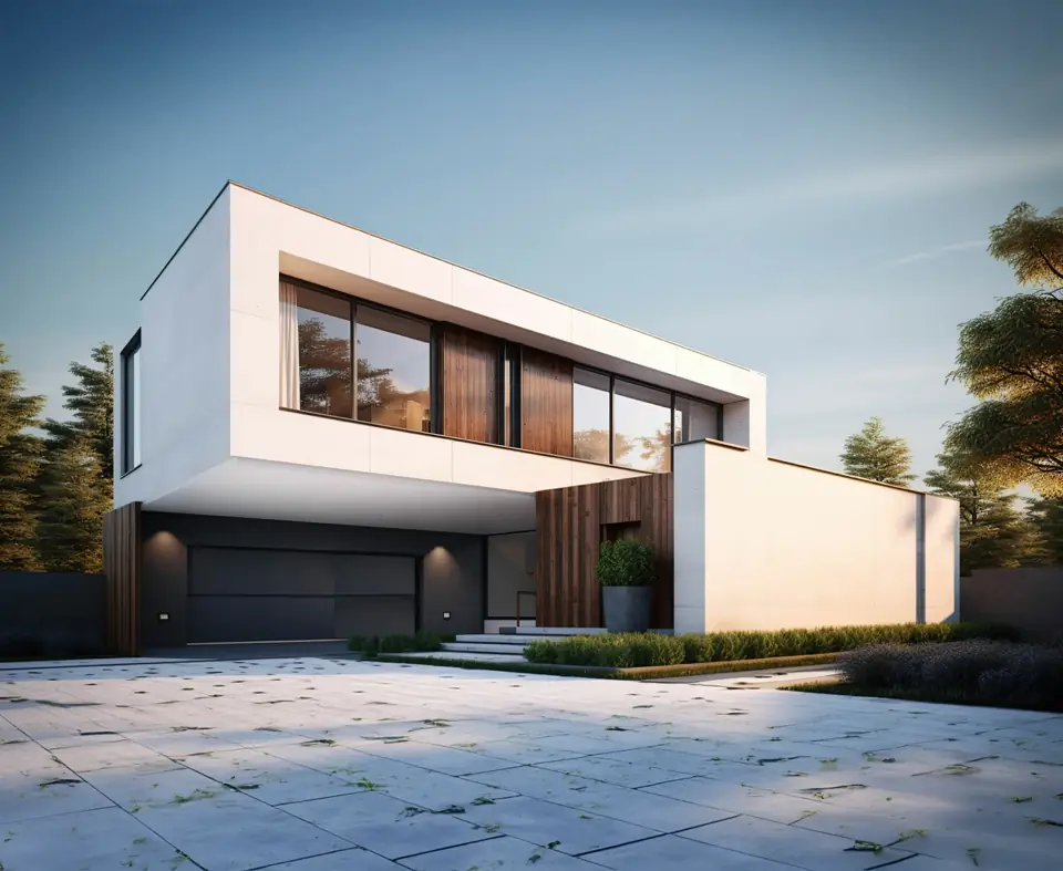 Villa moderna con giardino al tramonto